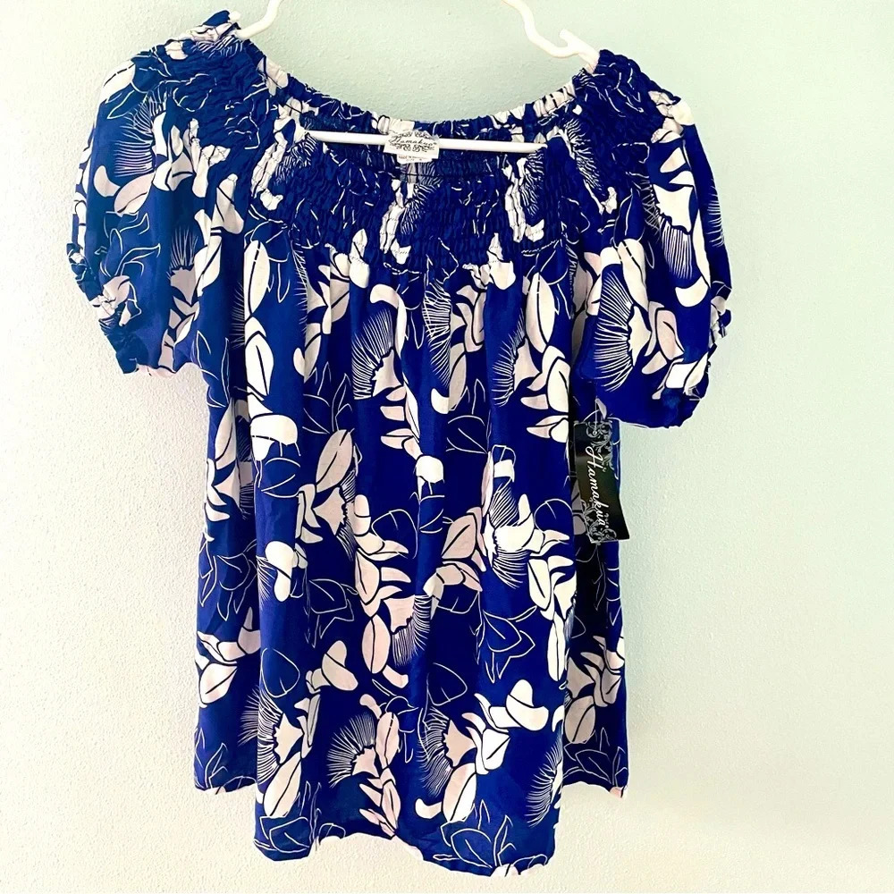 Hamakua tropical Hawaiian floral blue MUMU SMOCK TOP size small NWT
